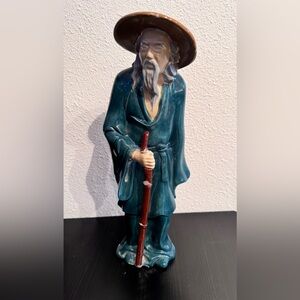 Vintage Asian Woman Holding a Bowl Statue Oriental Glazed Ceramic Figurine